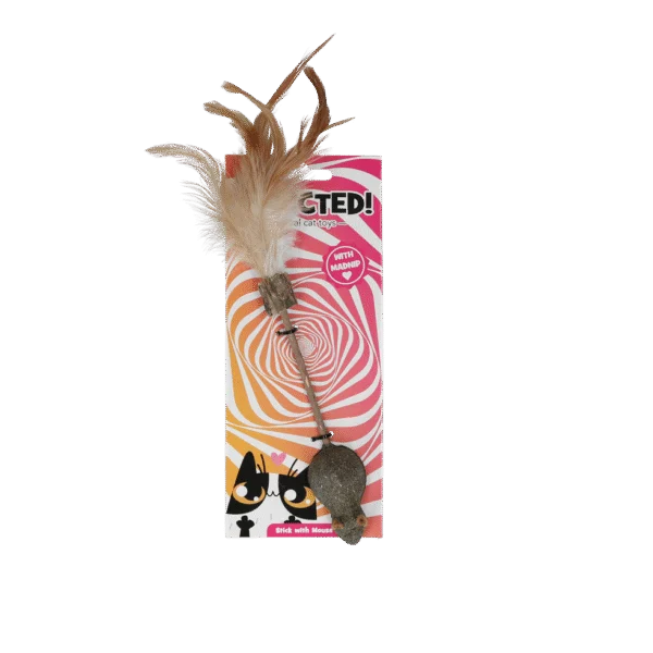 Undiță pentru pisici cu șoricel, pene și MADNIP – Addicted! Stick with Mouse & Feathers