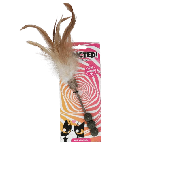 Undiță pentru pisici cu mingi, pene și MADNIP – Addicted! Stick with Balls & Feathers