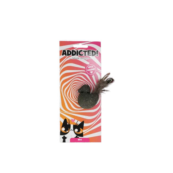 Pasăre de jucărie pentru pisici cu pene și MADNIP – Addicted! Bird with Feathers