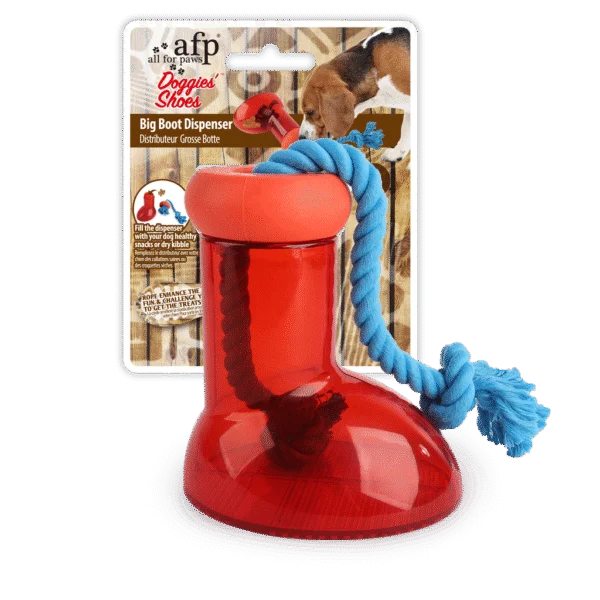 Dispenser de hrană pentru câini în formă de cizmă, cu frânghie, 14 x 14 cm – AFP Doggies' Shoes Big Boot Dispenser L