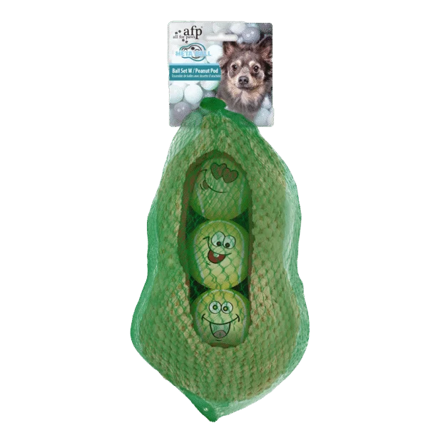 Set de mingi pentru câini în formă de păstaie de arahide, 3 mingi cu dispozitiv care piuie, ø 6,3 cm – AFP Meta Ball Ball Set w/ Peanut pod