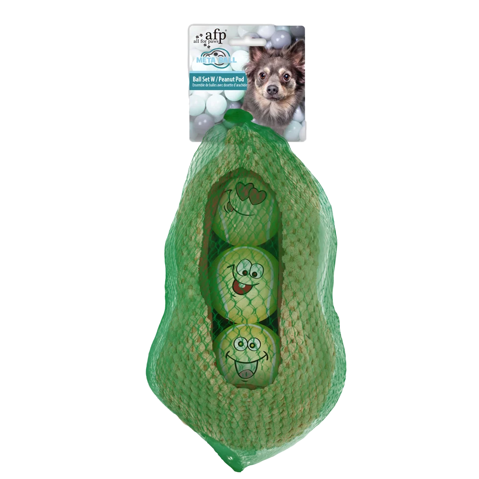Set de mingi pentru câini în formă de păstaie de arahide, 3 mingi cu dispozitiv care piuie, ø 6,3 cm – AFP Meta Ball Ball Set w/ Peanut pod - imagine 1