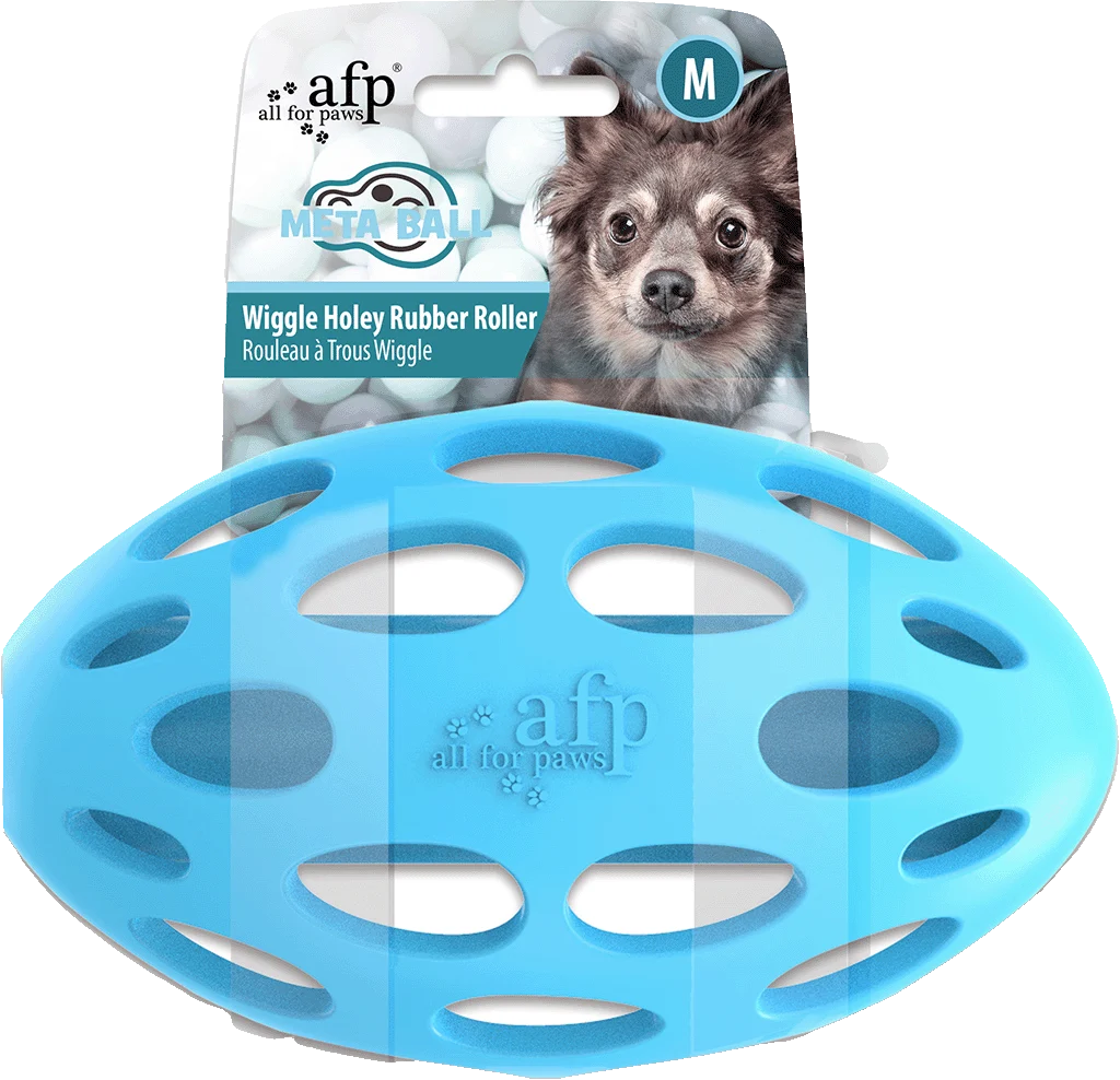 Minge pentru câini cu găuri și sunet de chicotit, M, 11,5 x 7 x 7 cm – AFP Meta Ball Wiggle Holey Roller - imagine 1