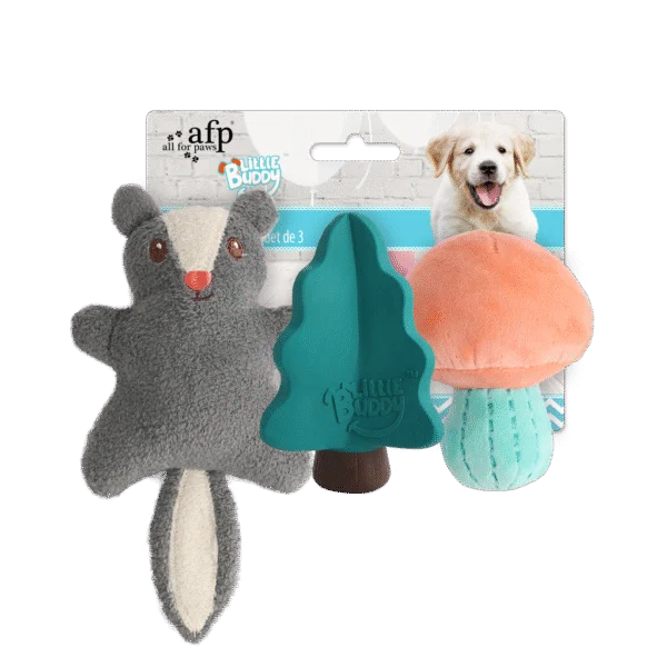 Set de jucării pentru căței cu 2 jucării de pluș și un piuitor, 3 bucăți – AFP Little Buddy 3-Pack Toy Woodland