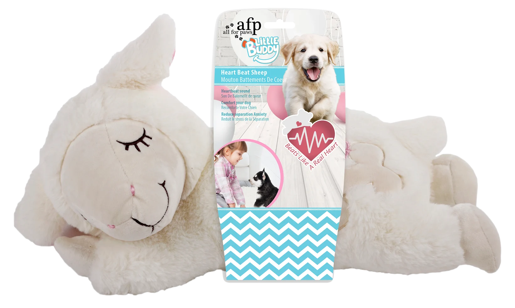 Jucărie de pluș pentru câini, în formă de oaie, cu bătăi ale inimii, 36 x 18 cm – AFP Little Buddy - Heart Beat Sheep - imagine 1