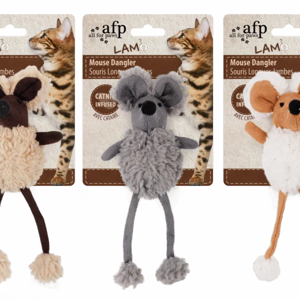 Jucărie pentru pisici în formă de șoarece, cu iarbă mâței și plastic foșnitor, 16 cm – AFP Lambswool Mouse Dangler