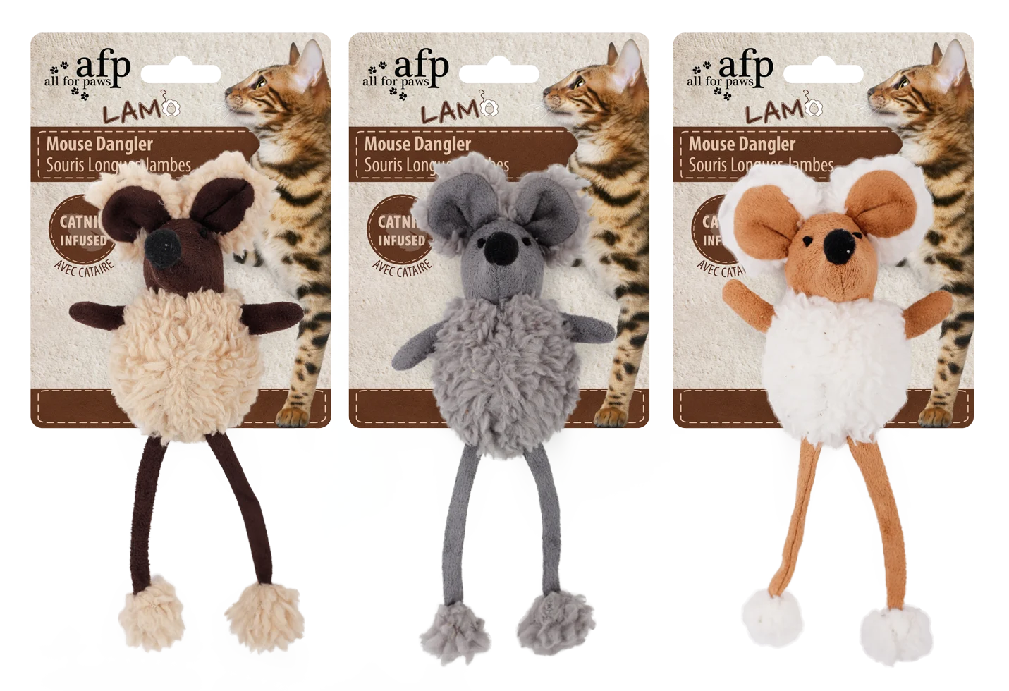 Jucărie pentru pisici în formă de șoarece, cu iarbă mâței și plastic foșnitor, 16 cm – AFP Lambswool Mouse Dangler - imagine 1