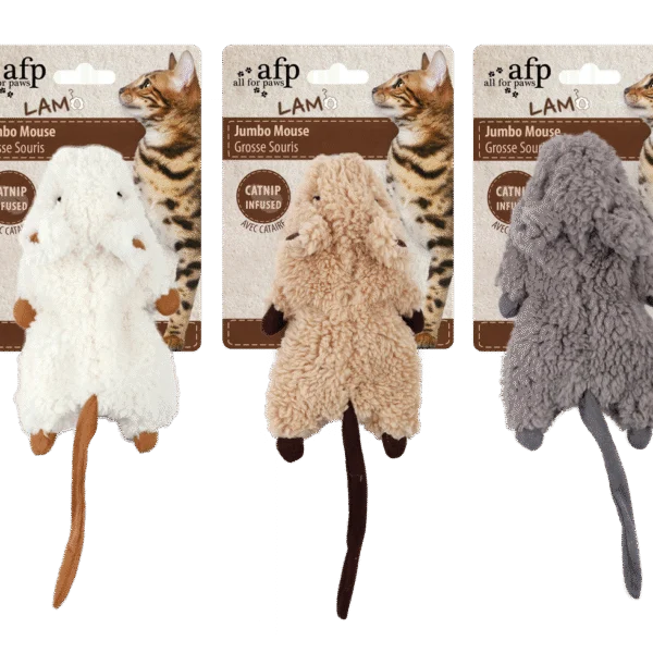 Jucărie pentru pisici în formă de șoarece, cu iarbă mâței și plastic foșnitor – AFP Lambswool - Jumbo Mouse