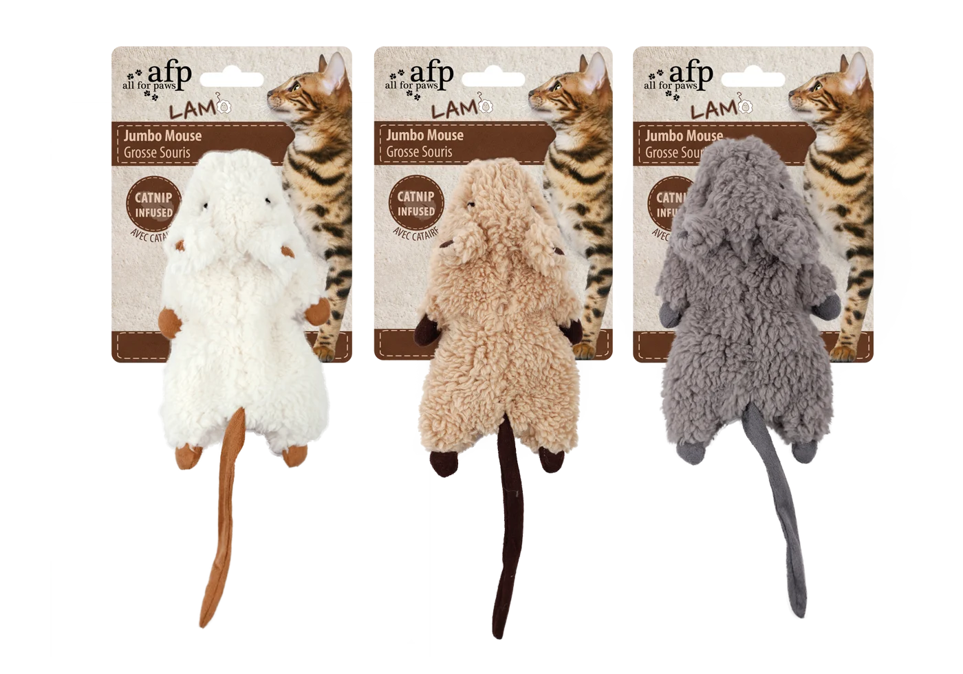 Jucărie pentru pisici în formă de șoarece, cu iarbă mâței și plastic foșnitor – AFP Lambswool - Jumbo Mouse - imagine 1