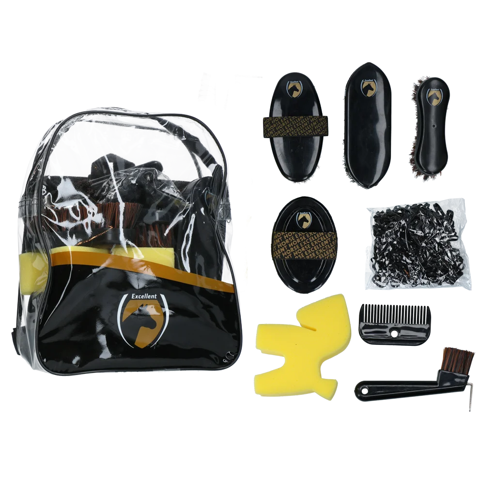 Set de îngrijire pentru tinerii călăreți, cu rucsac și 200 de elastice – Excellent Horse Grooming Set Junior - imagine 1