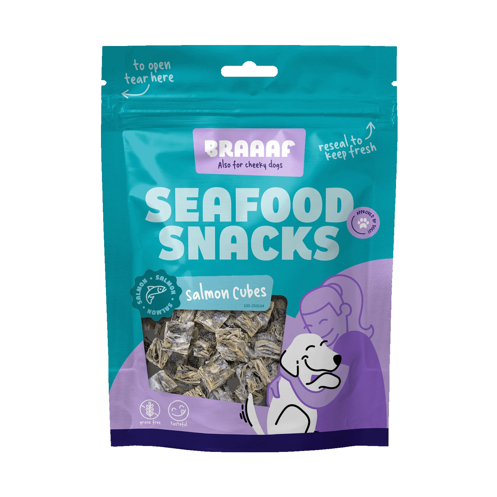 BRAA250104.png Cubulețe cu somon pentru câini, uscate la aer – Braaaf Seafood Salmon Cubes - imagine 1