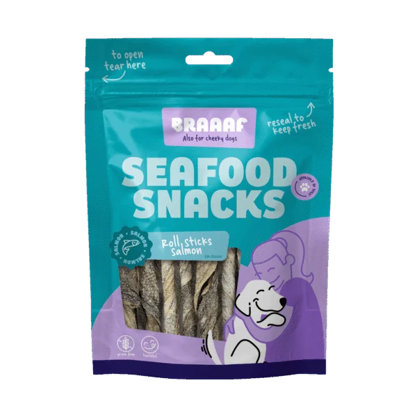 Batoane de ros cu somon, uscate la aer, 12 cm – Braaaf Seafood Zalm Roll Sticks