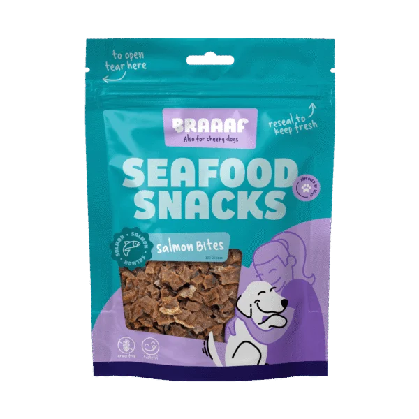 Bucățele de somon pentru câini, uscate la aer – Braaaf Seafood Zalm Bites