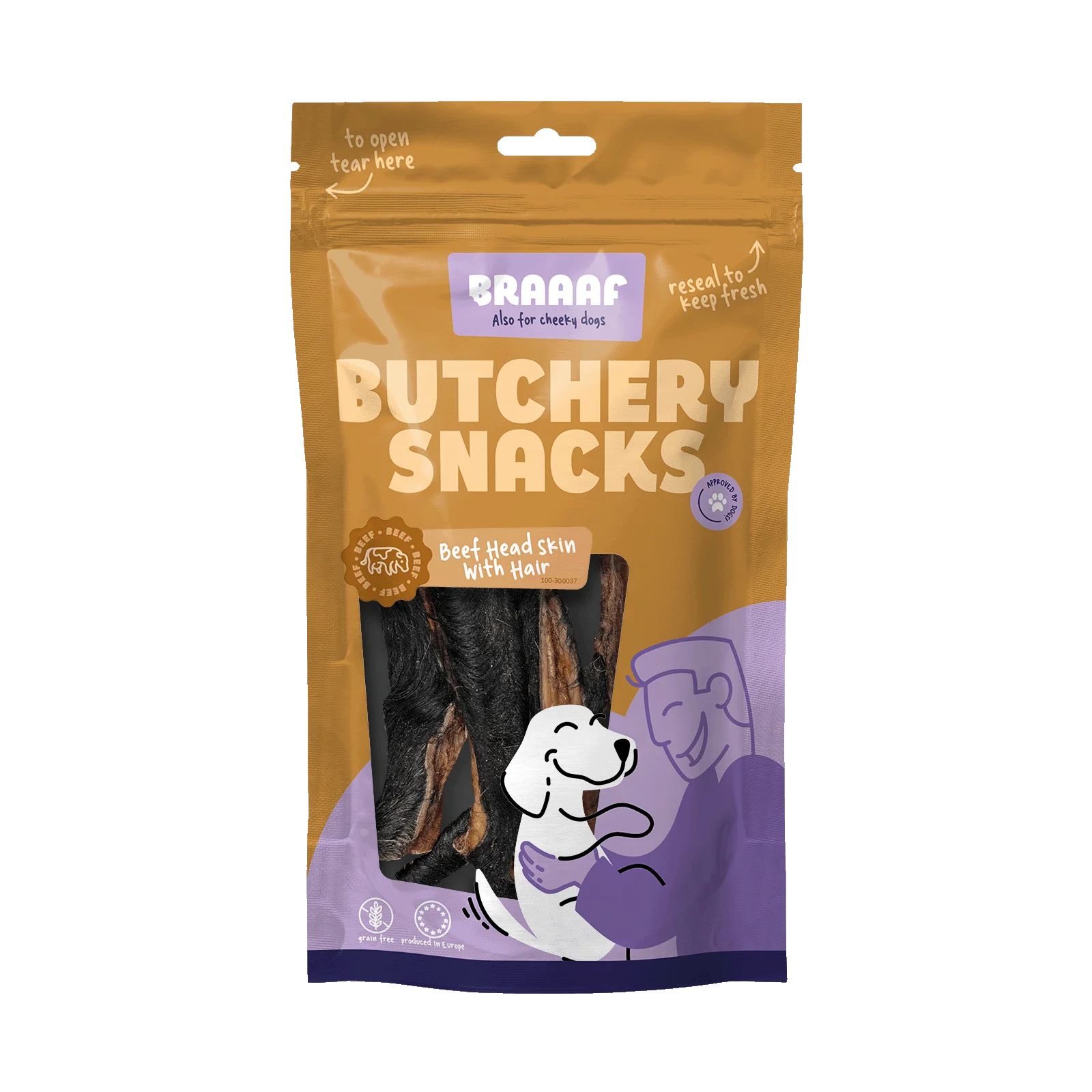 Gustare de mestecat din piele de cap de vită cu păr pentru câini, 150 g – Braaaf Butchery - imagine 1