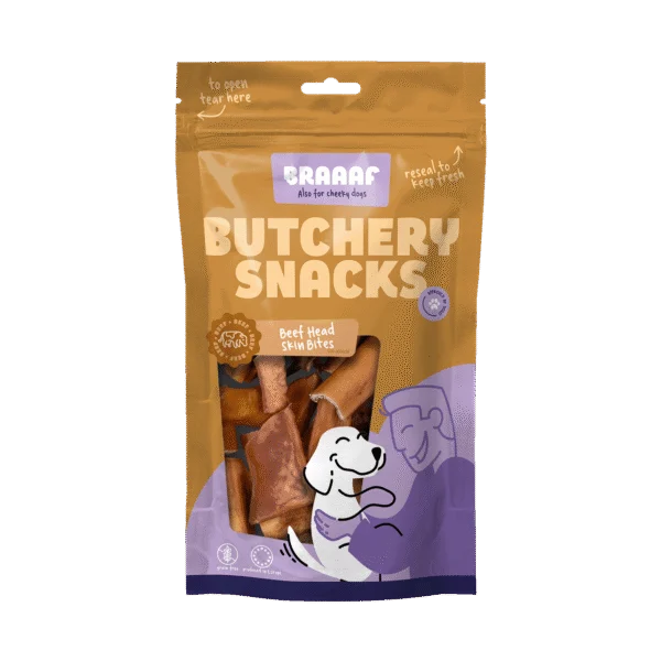 Recompensă de ros din piele de cap de vită, bucăți, pentru câini, 150 g – Braaaf Butchery