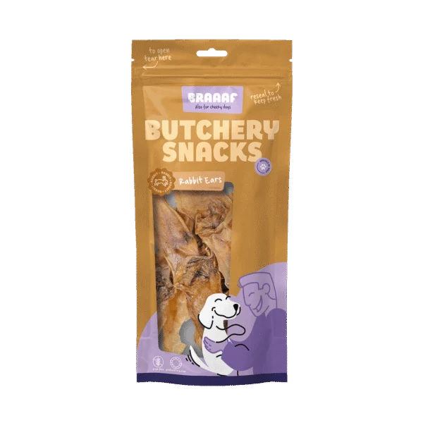 Gustare de mestecat din urechi de iepure pentru câini, 80 g – Braaaf Butchery