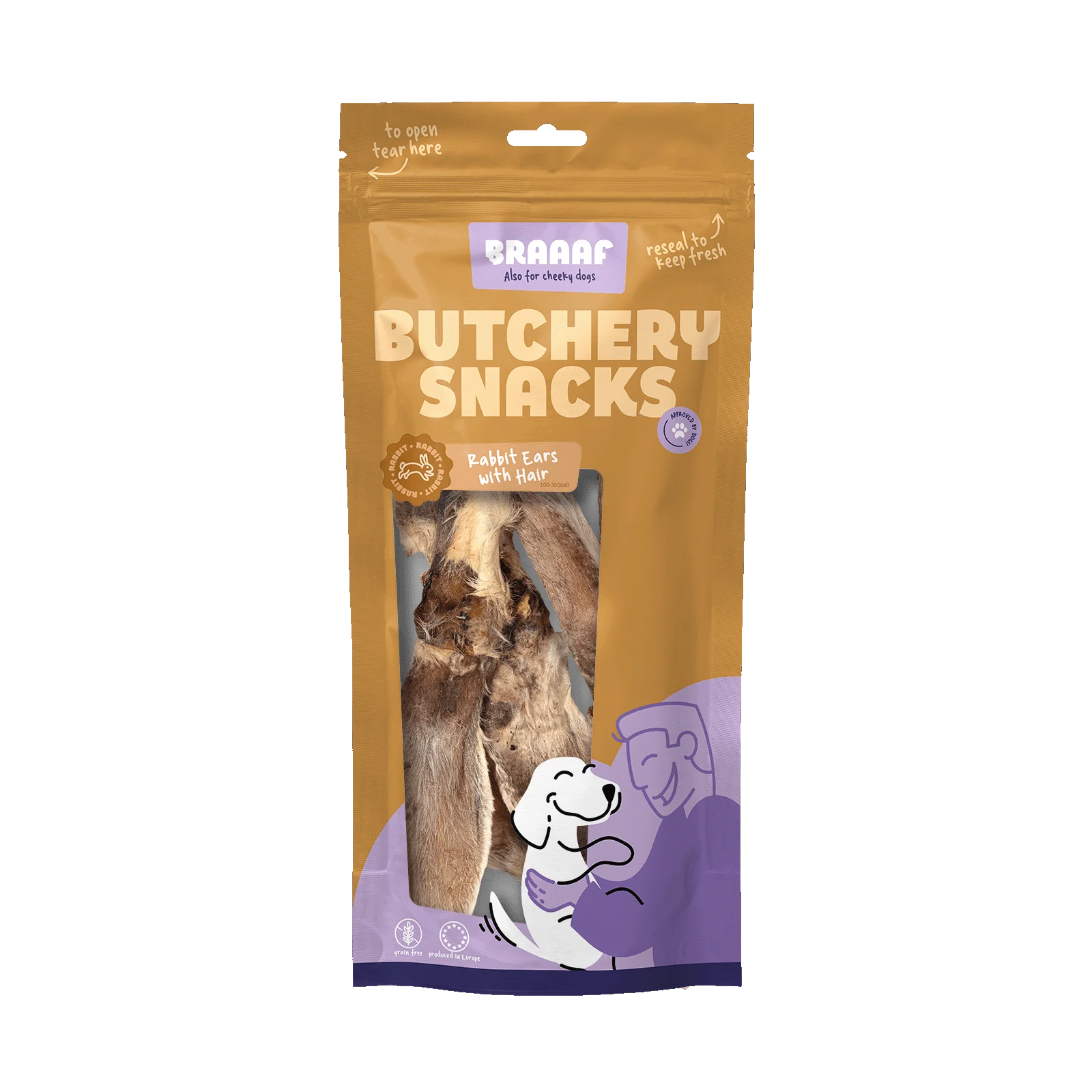 Gustare de mestecat din urechi de iepure cu păr pentru câini, 80 g – Braaaf Butchery - imagine 1