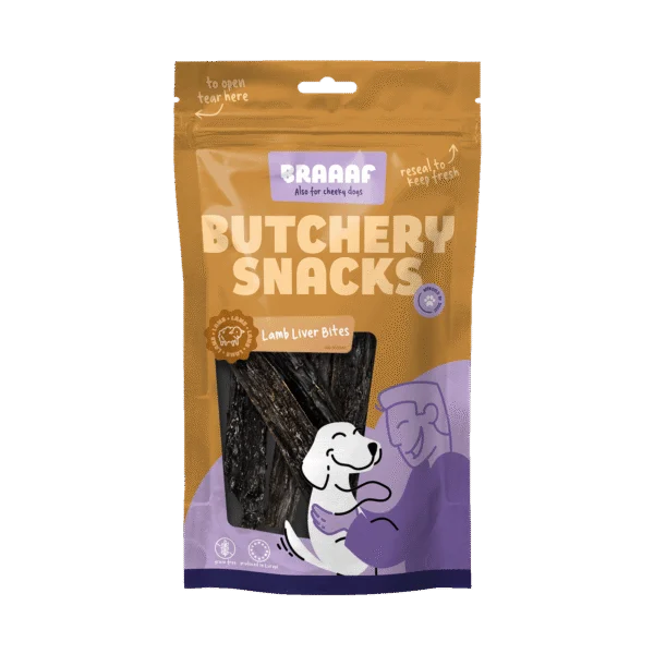 Gustare pentru câini, bucățele de ficat de miel, 120 g – Braaaf Butchery