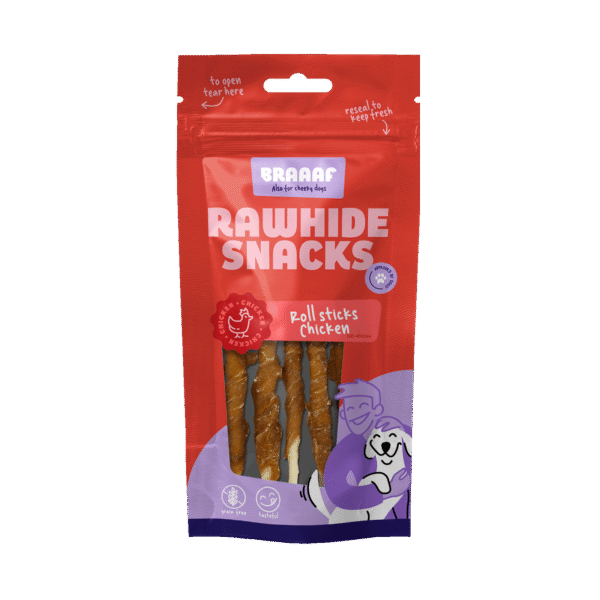 Bețișoare de ros cu pui, 8 bucăți – Braaaf Rawhide Roll Sticks