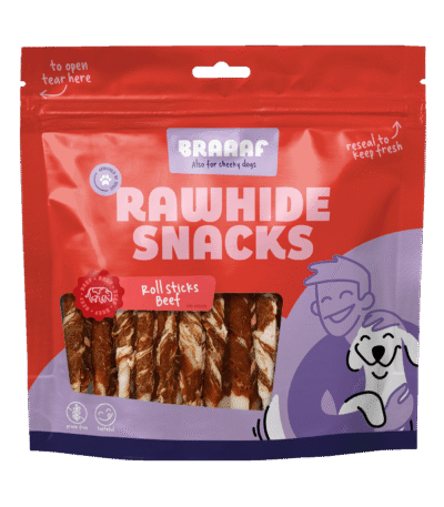 Batoane de mestecat cu vită și pește, 25 de bucăți – Braaaf Rawhide Roll Sticks