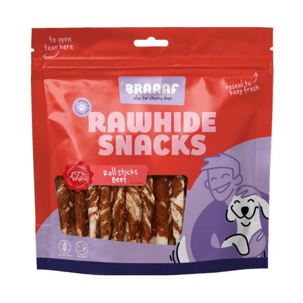 Batoane de mestecat cu vită și pește, 25 de bucăți – Braaaf Rawhide Roll Sticks