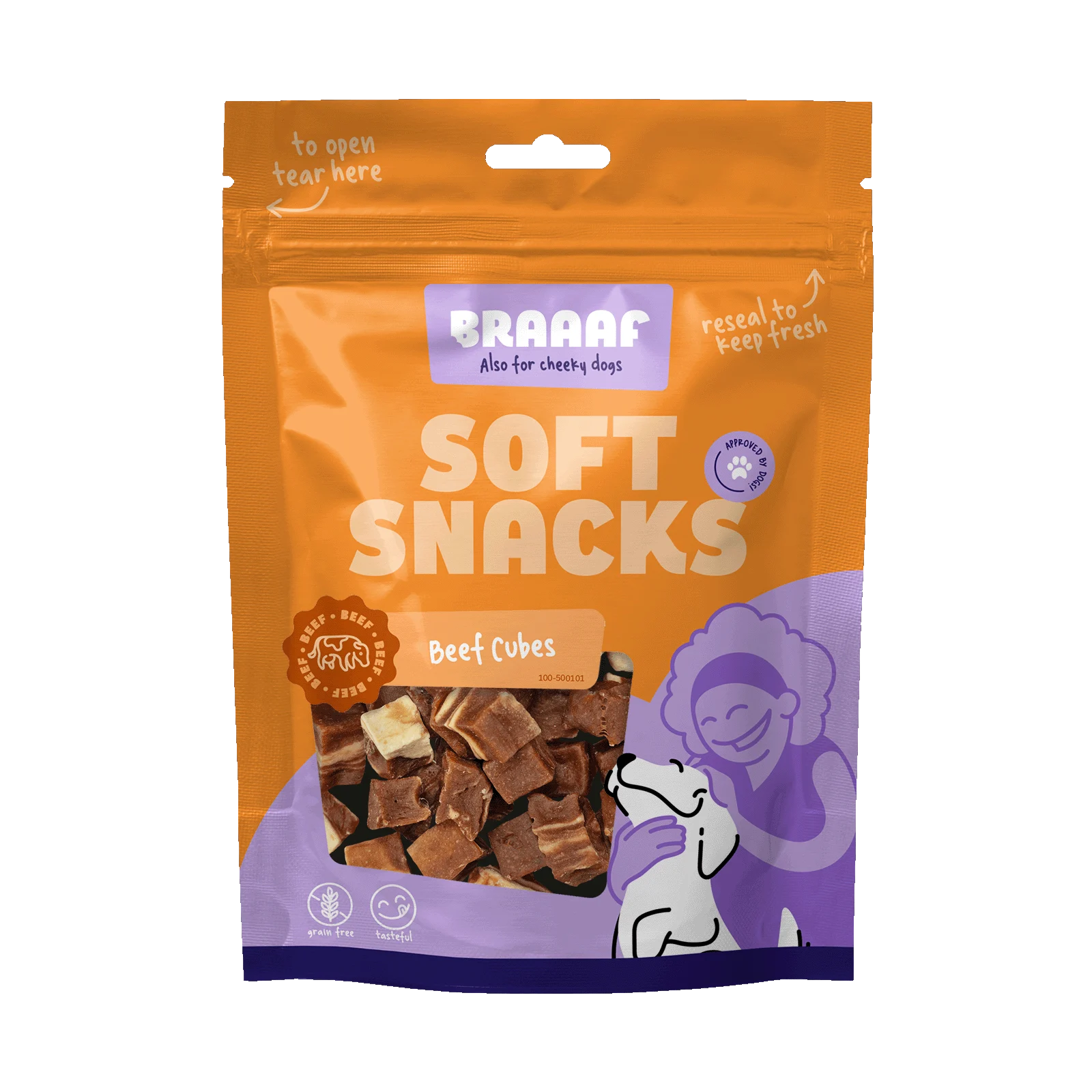 BRAA500101.png Bucățele recompensă pentru câini cu vită și pește, fără cereale, 85 g – Braaaf Soft Snack Cubes - imagine 1