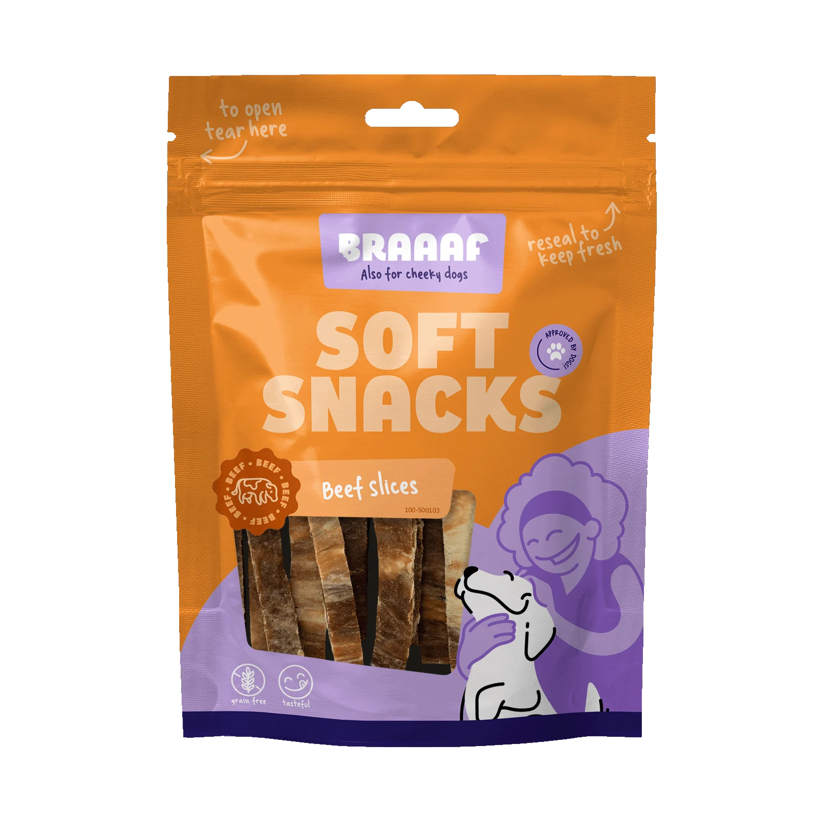 Gustări moi pentru câini cu vită și pește, fără cereale, 85 g – Braaaf Soft Snack Slices - imagine 1