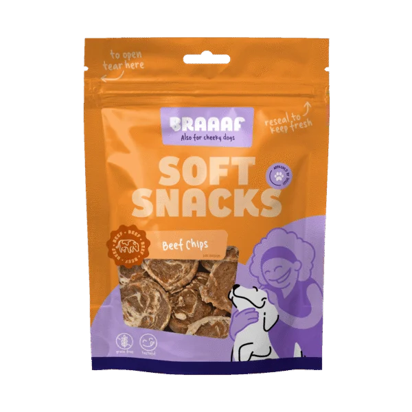 Recompense pentru câini în formă de chipsuri, cu vită și pește, fără cereale, 85 g – Braaaf Soft Snack Chips