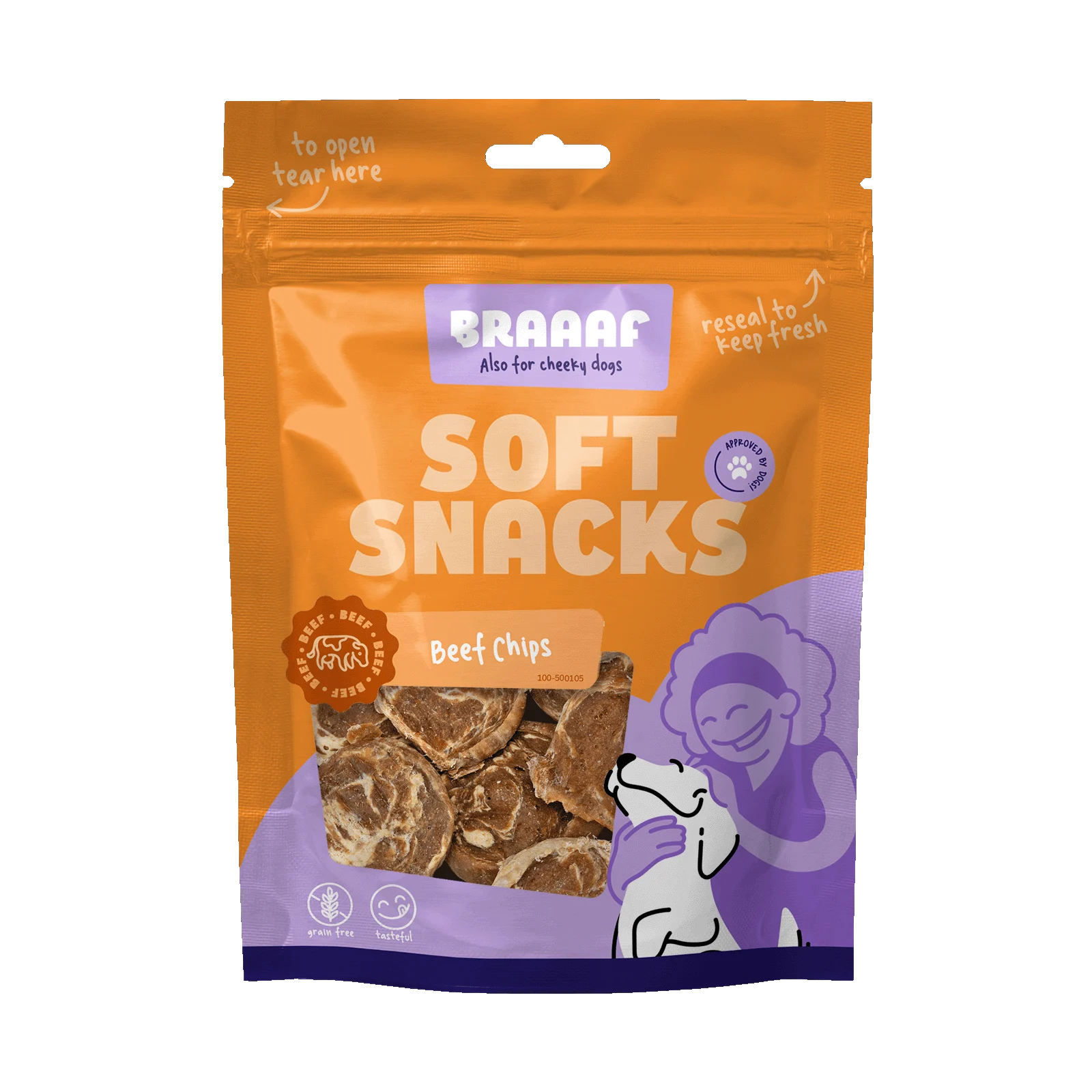 Recompense pentru câini în formă de chipsuri, cu vită și pește, fără cereale, 85 g – Braaaf Soft Snack Chips - imagine 1