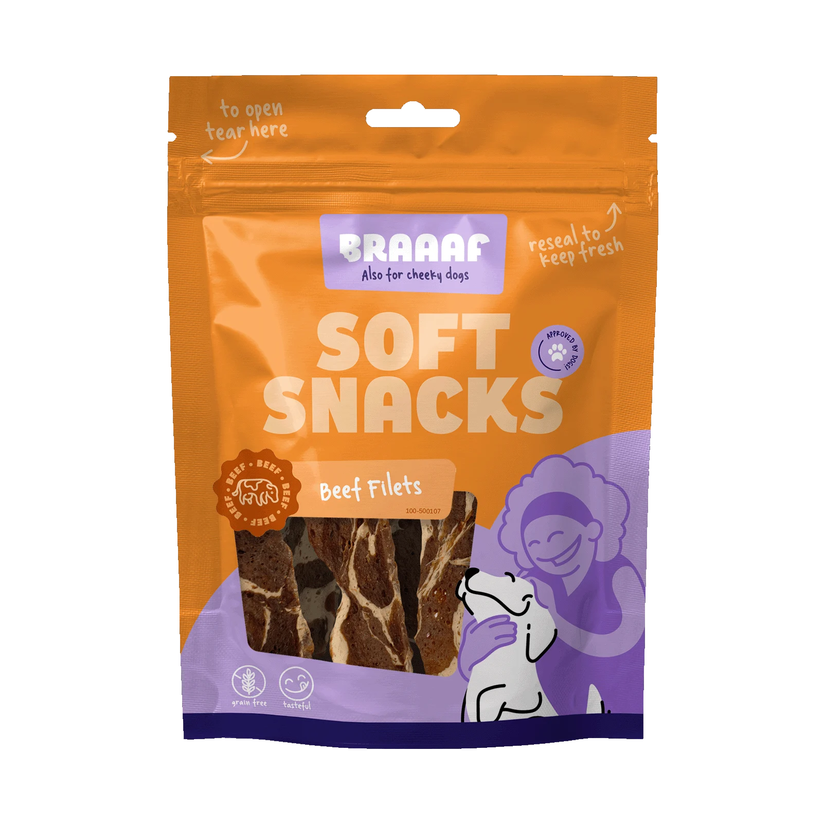 Gustare pentru câini în formă de fileu, cu vită și pește, fără cereale, 85 g – Braaaf Soft Snack Filet - imagine 1