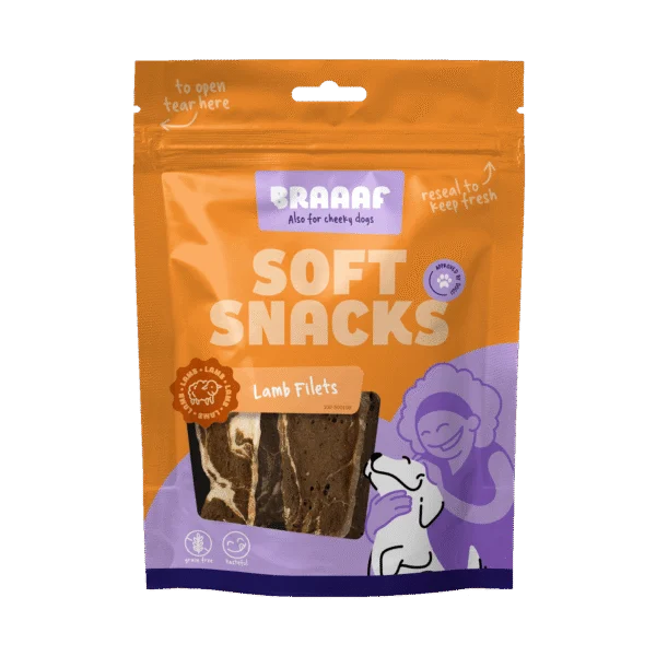 Gustare pentru câini în formă de file, cu miel și pește, fără cereale, 85 g – Braaaf Soft Snack Filet