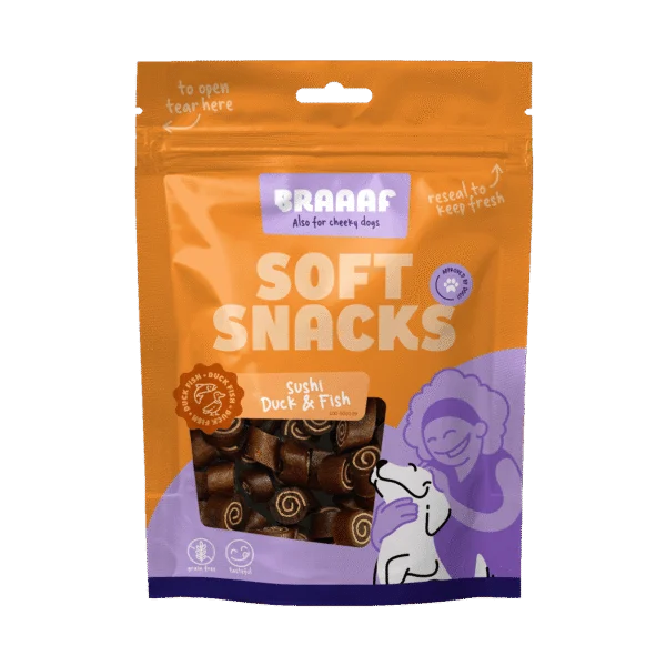 Gustări moi pentru câini cu rață și pește, fără cereale, 85 g – Braaaf Soft Snack Sushi