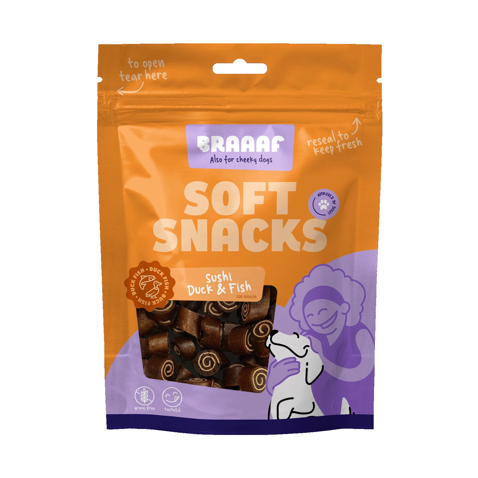 Gustări moi pentru câini cu rață și pește, fără cereale, 85 g – Braaaf Soft Snack Sushi - imagine 1