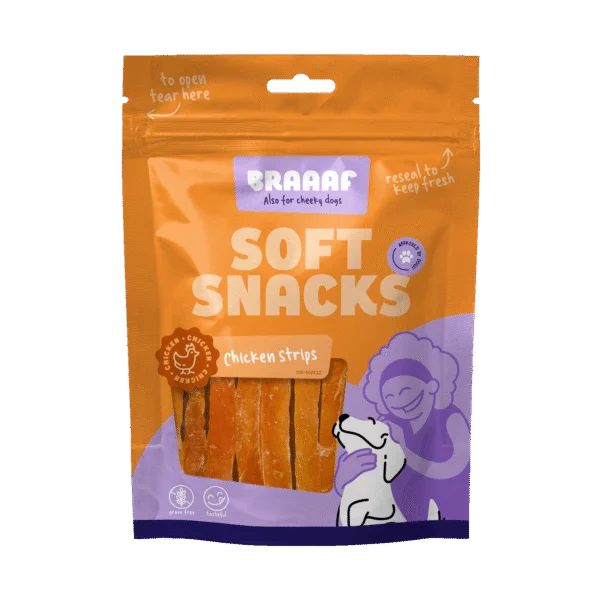 Fâșii pentru câini cu pui, fără cereale, 85 g – Braaaf Soft Snack Fâșii cu pui