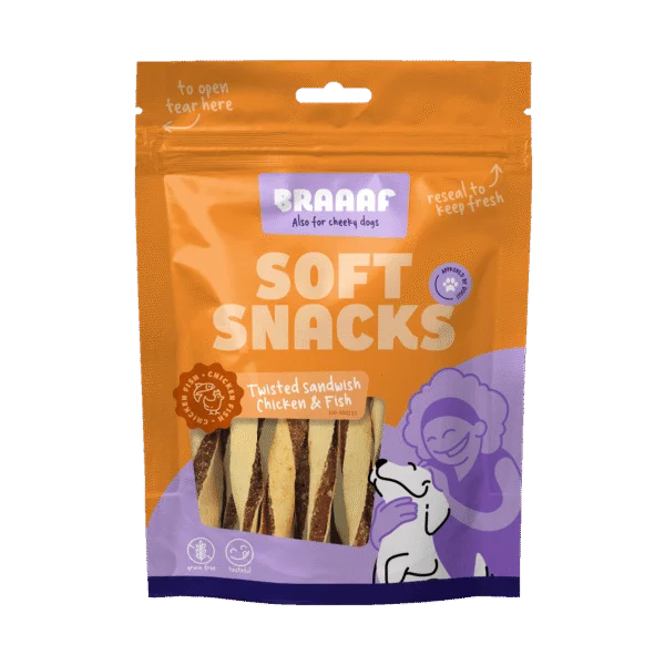 Gustare pentru câini în formă de sandwich răsucit, cu pui și pește, fără cereale, 85 g – Braaaf Soft Snack Sandwich răsucit