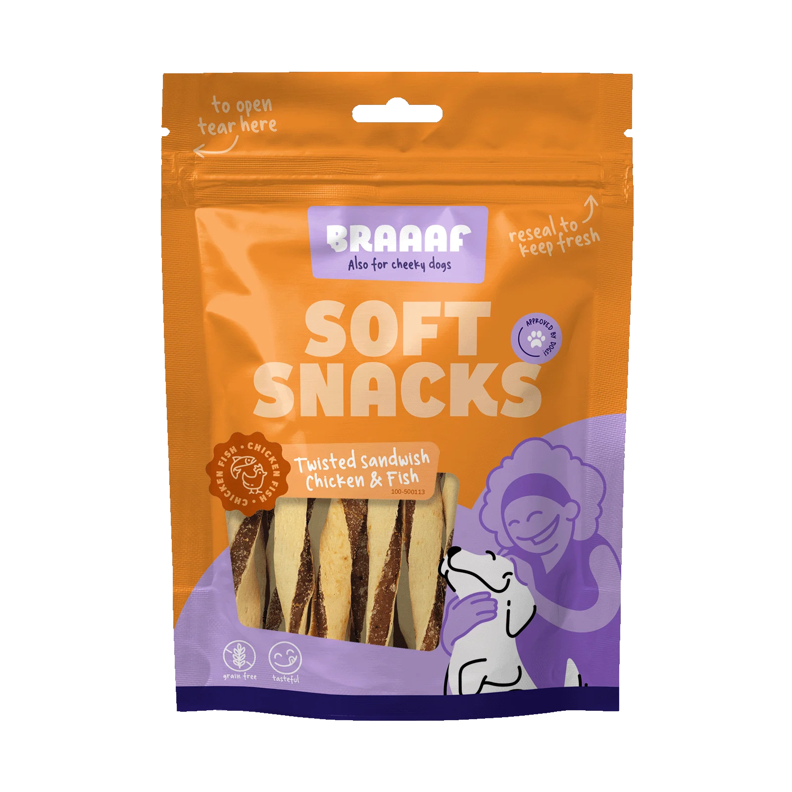 Gustare pentru câini în formă de sandwich răsucit, cu pui și pește, fără cereale, 85 g – Braaaf Soft Snack Sandwich răsucit - imagine 1