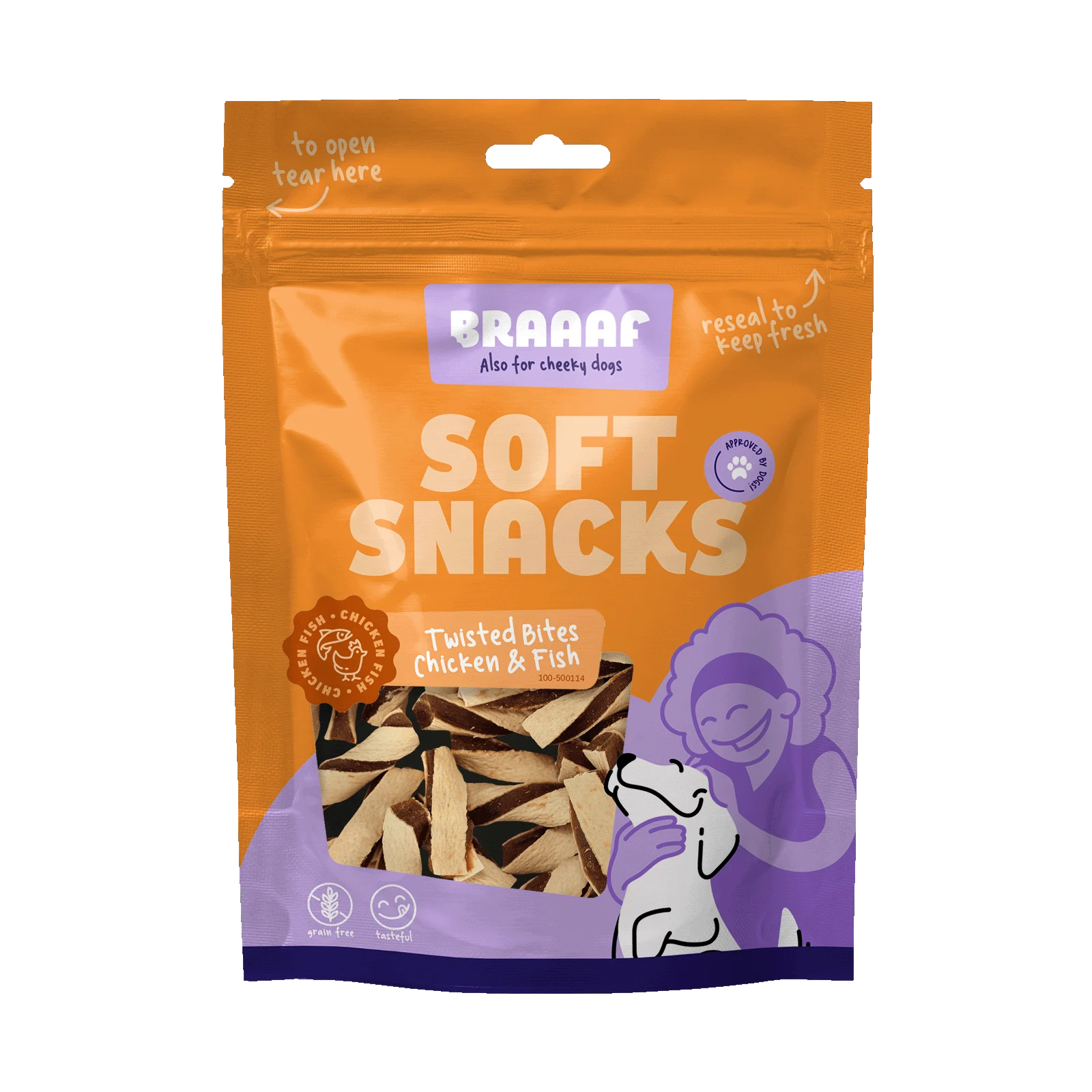 Bucățele pentru câini cu pui și pește, fără cereale, 85 g – Braaaf Soft Snack Gedraaide Bites - imagine 1
