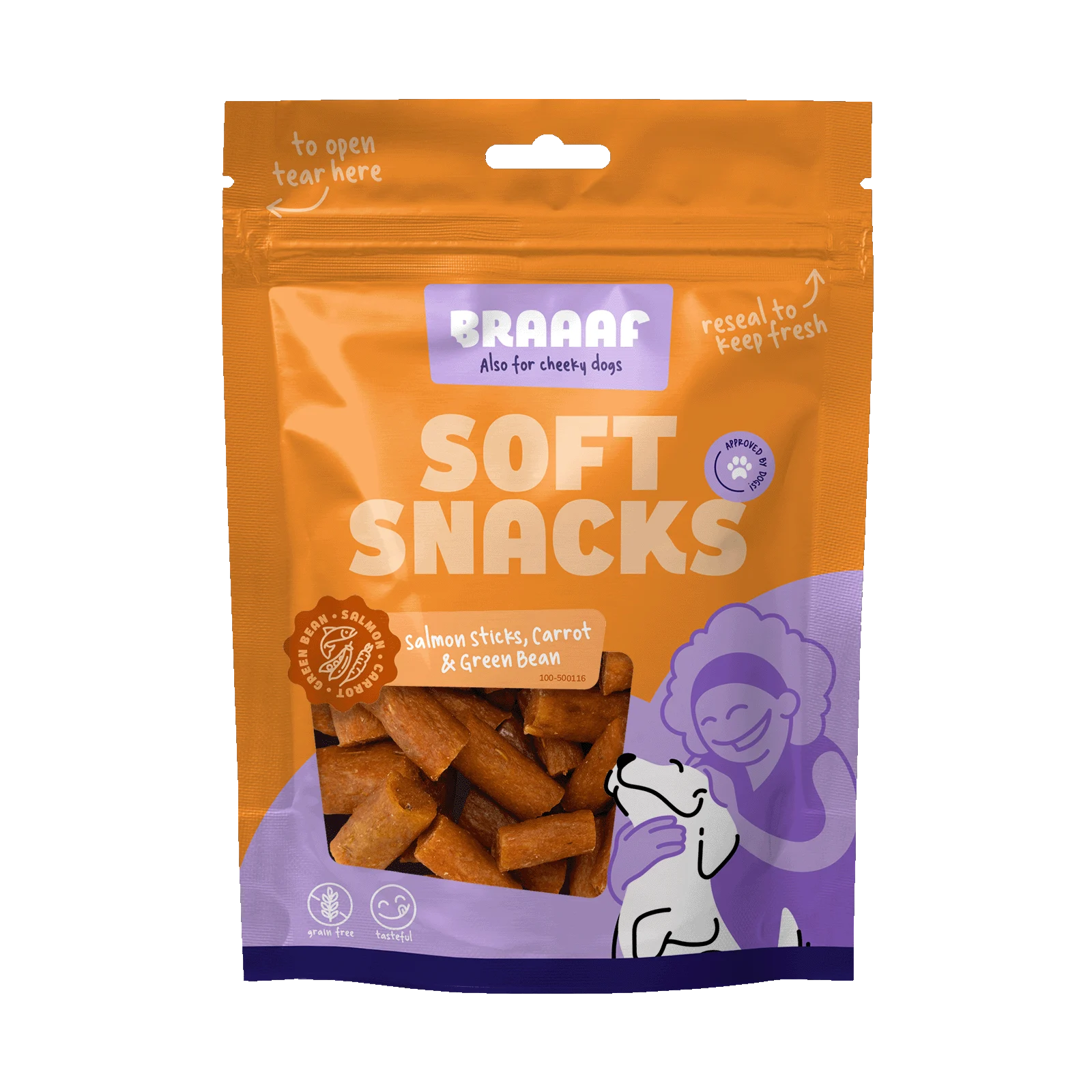 Gustare moale pentru câini cu somon, morcov și fasole verde, 85 g – Braaaf Soft Snack baton cu somon - imagine 1