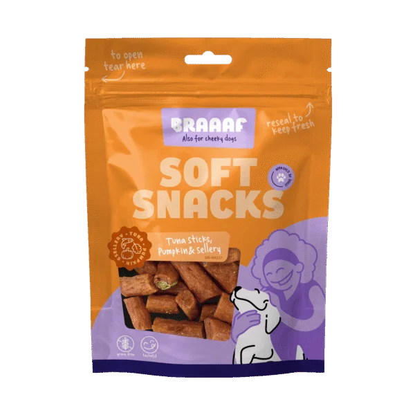 Fâșii pentru câini cu ton, dovleac și țelină, 85 g – Braaaf Soft Snack