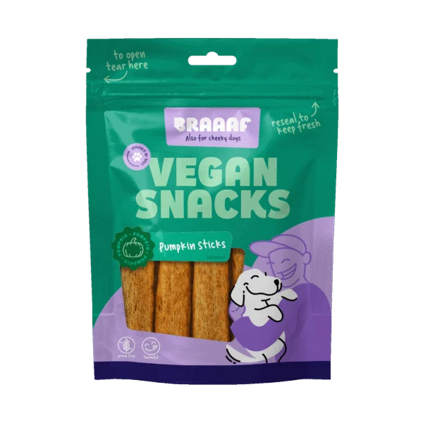 Gustare vegană pentru câini cu dovleac, 12 cm – Braaaf Vegan Snack Pompoen Stick