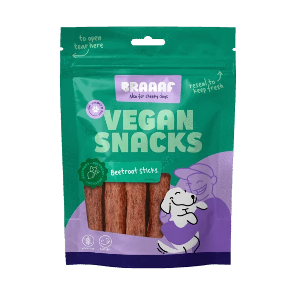 Recompensă pentru câini cu sfeclă roșie, baton de 12 cm – Braaaf Vegan Snack Rode Biet Stick