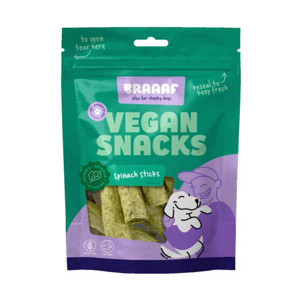 Gustare pentru câini cu spanac, baton de 6 cm – Braaaf Vegan Snack Spinazie Stick