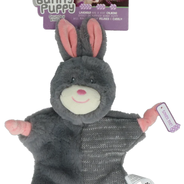 Jucărie de pluș în formă de iepure pentru câini, cu piuitoare – Bunny Puppy Crunchy Knot