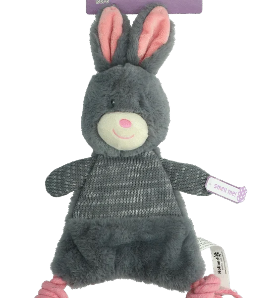 Jucărie de pluș pentru câini în formă de iepure, cu chițăitoare – Bunny Puppy Crunchy Rope