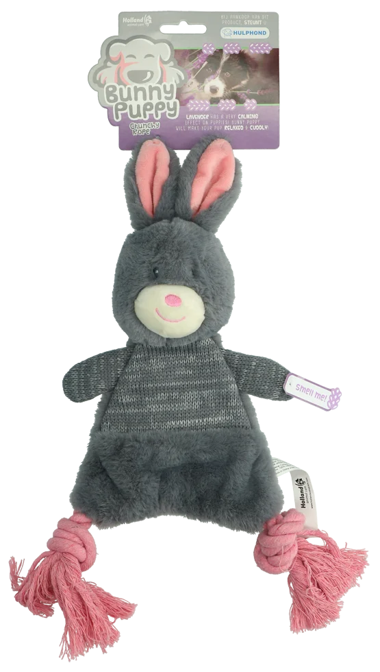 Jucărie de pluș pentru câini în formă de iepure, cu chițăitoare – Bunny Puppy Crunchy Rope - imagine 1