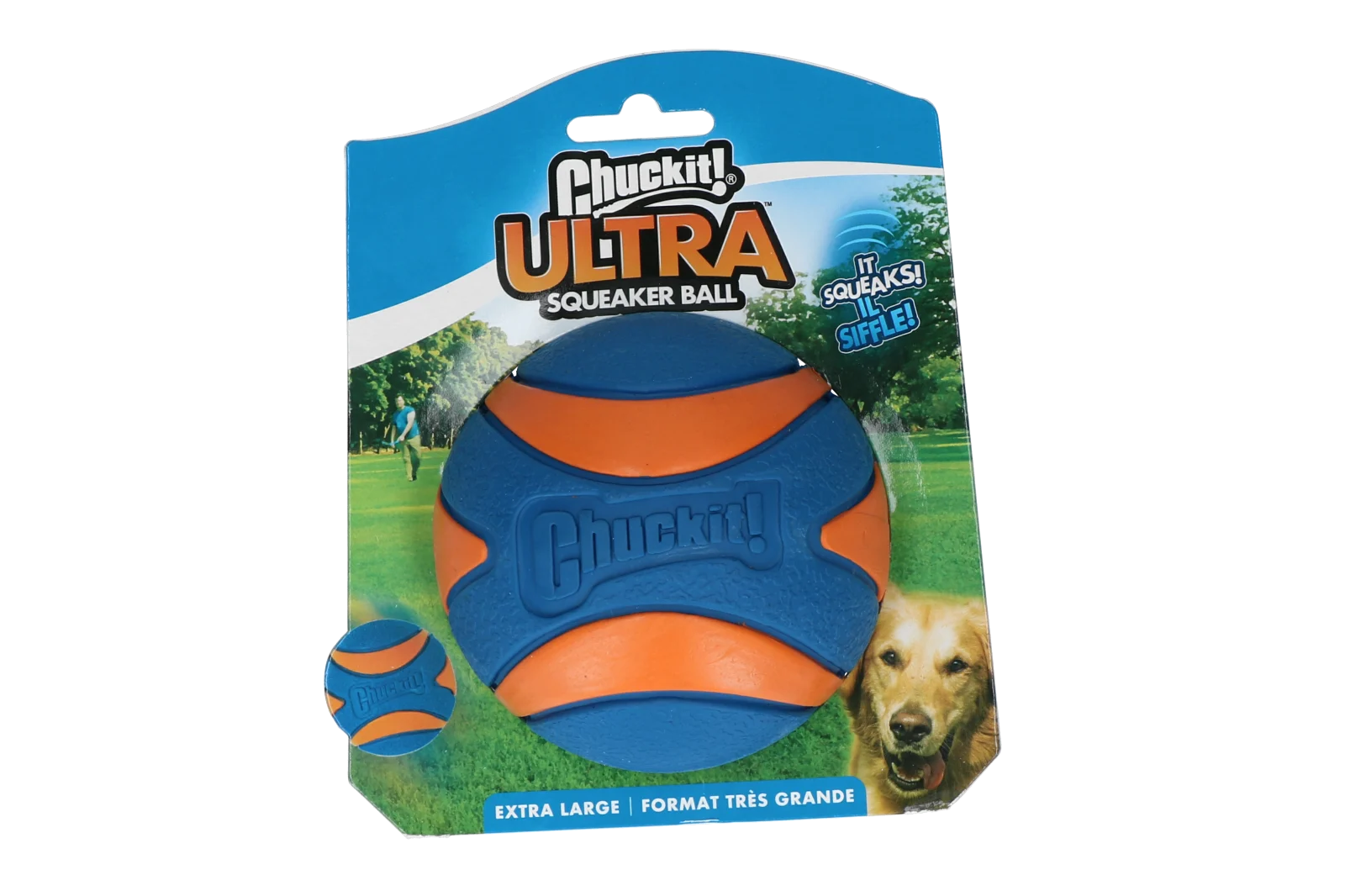 CHUC47090.png Minge din cauciuc pentru câini, cu chițăitoare, XL 9 cm, 1 bucată – Chuckit! Ultra Squeaker Ball - imagine 1