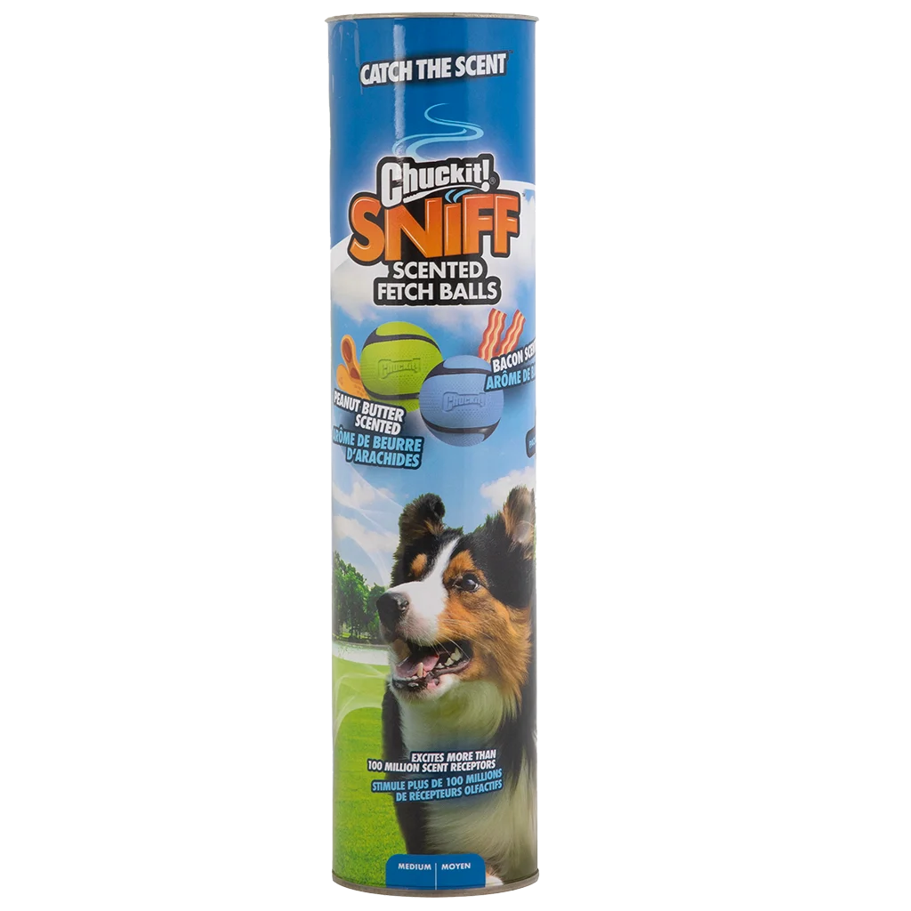 Mingi pentru câini cu aromă de bacon și unt de arahide, 4 bucăți – Chuckit! Sniff Fetch Ball Bacon & Peanut Butter M - imagine 1