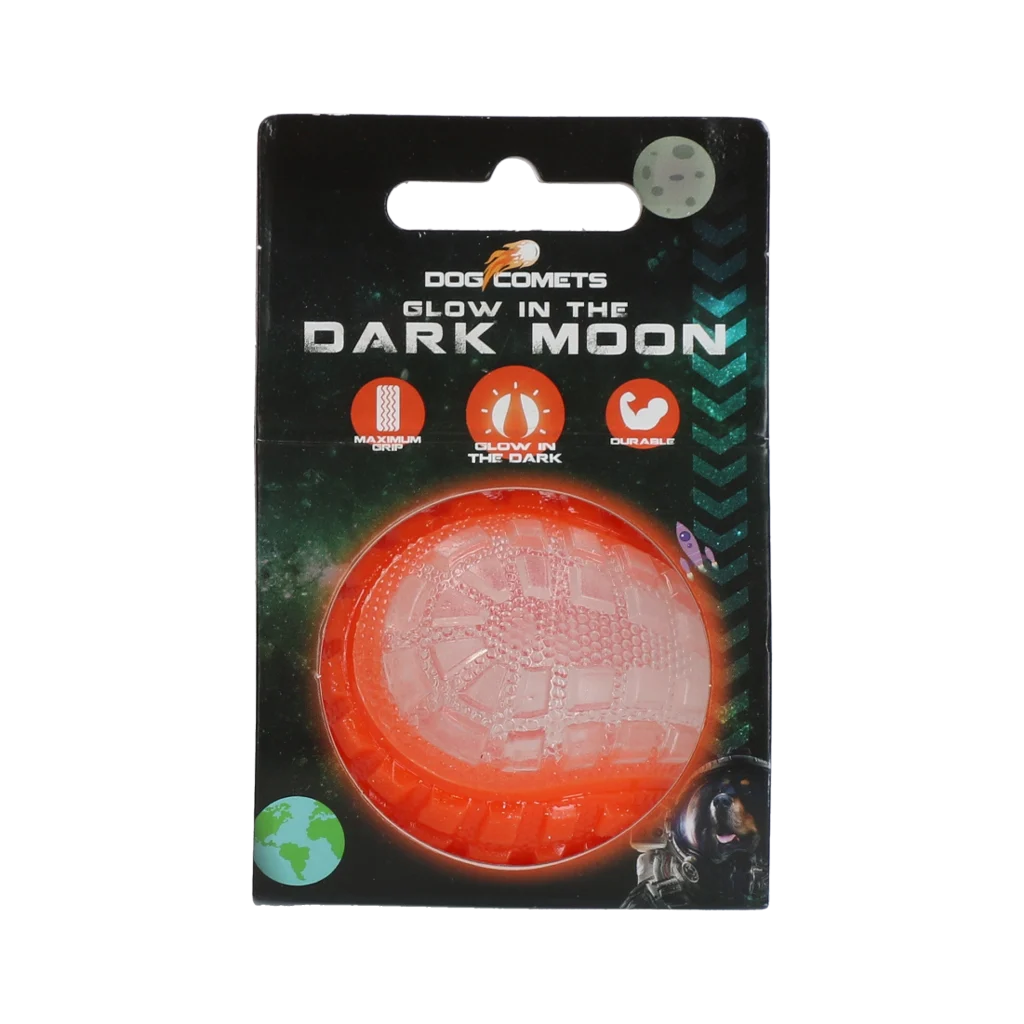 COME017A.png Minge pentru câini cu element luminos și piuitor S, 5 cm, portocaliu – Dog Comets Glow In The Dark Moon Ball - imagine 1