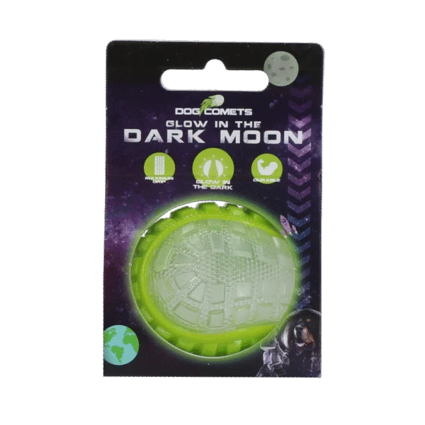 Minge pentru câini cu parte luminoasă și dispozitiv care piuie S, 5 cm, verde – Dog Comets Glow In The Dark Moon Bal