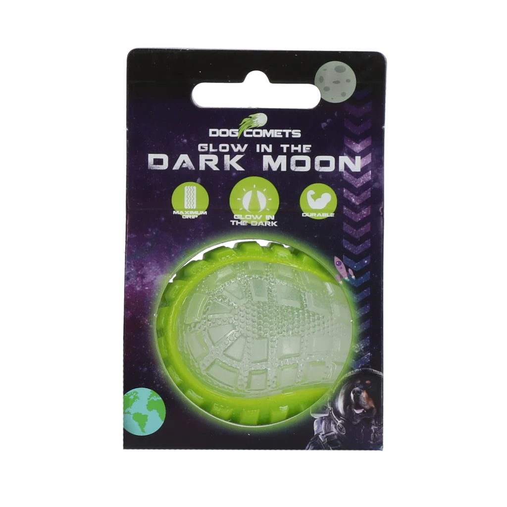 COME017C.png Minge pentru câini cu parte luminoasă și dispozitiv care piuie S, 5 cm, verde – Dog Comets Glow In The Dark Moon Bal - imagine 1